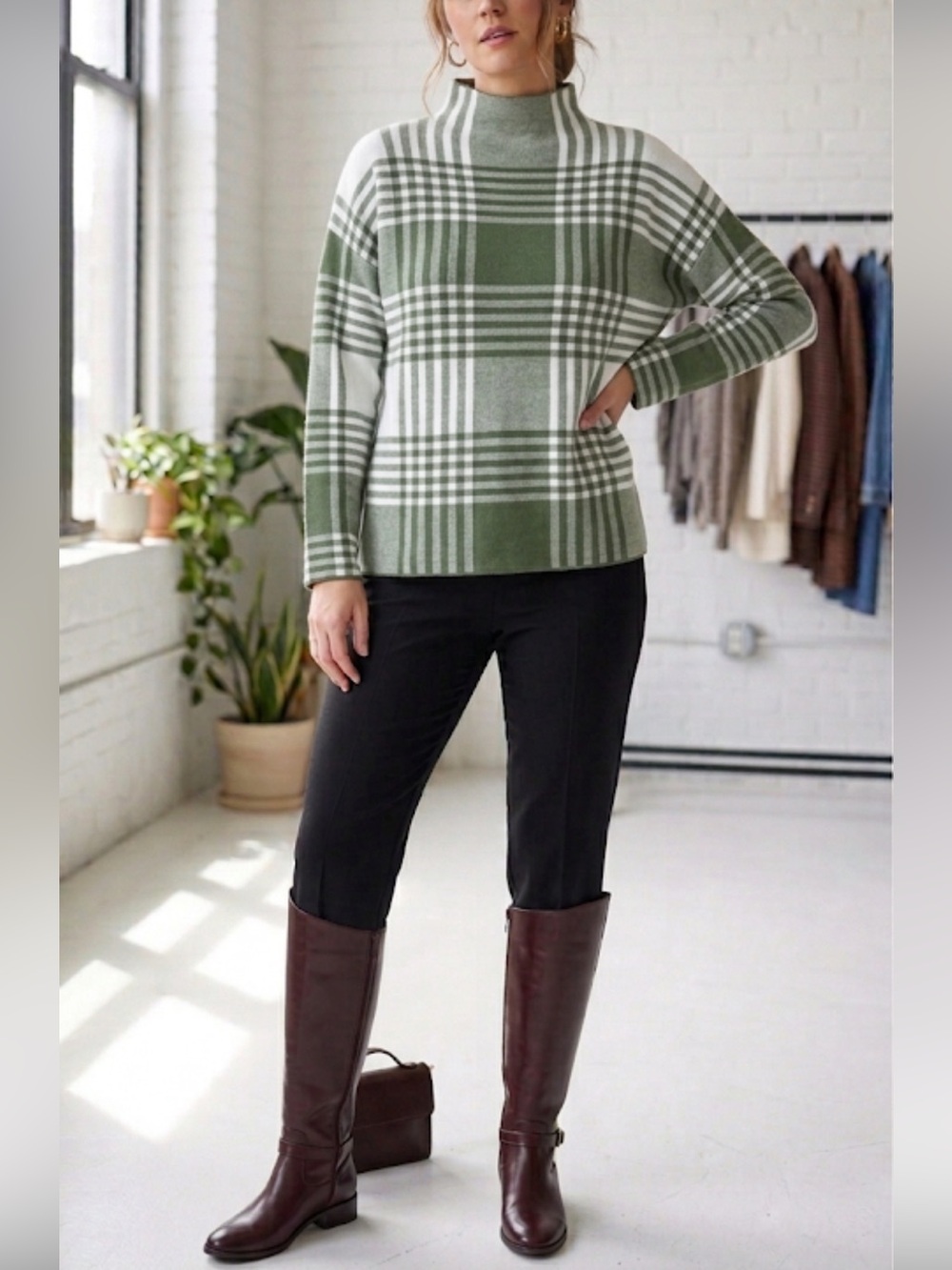 Max Studio Green Windowpane Plaid Knit Sweater Size L